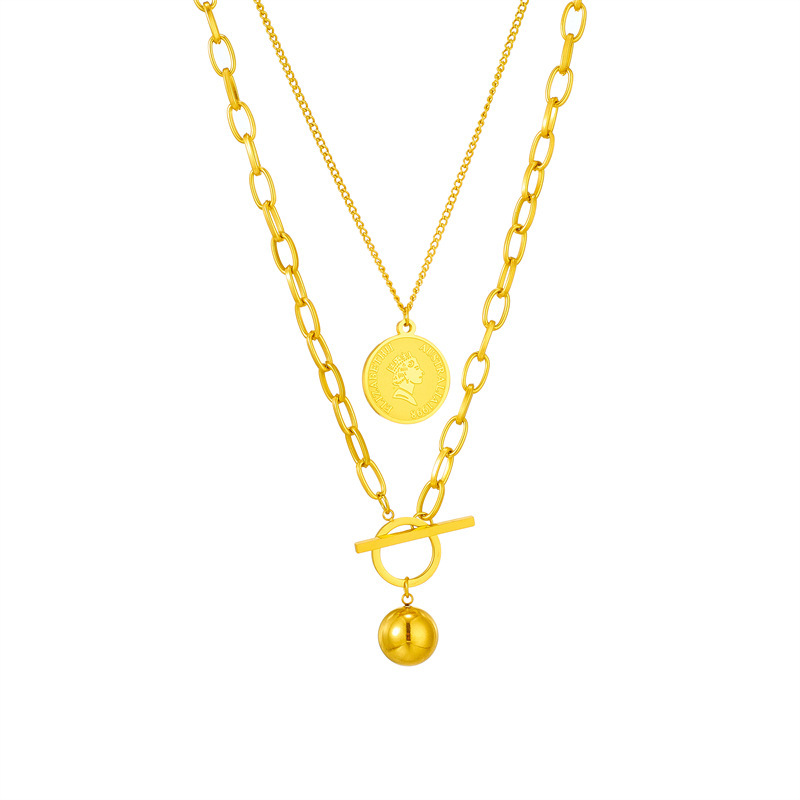 European and American style, minimalist, niche, retro, high-end multi-layered titanium steel round pendant necklace with printed portrait.