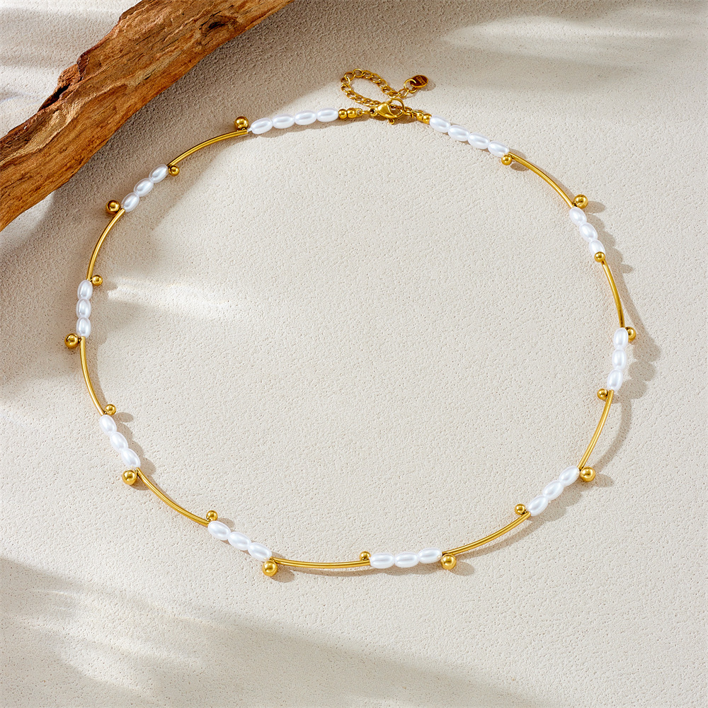 French retro style, light luxury oval pearl long bar with gold-plated stainless steel choker necklace