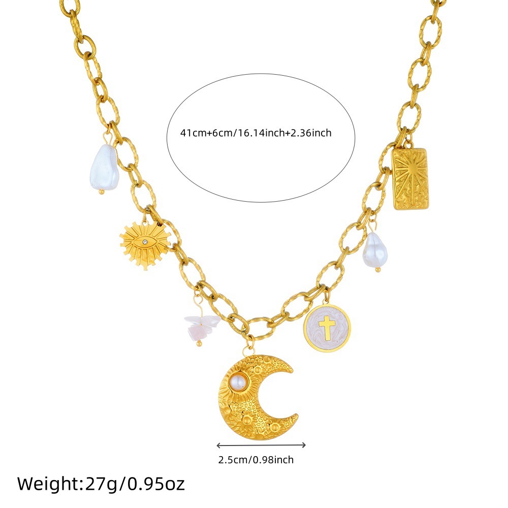 Cross-border fashion retro high-end multi-element pendant gold-plated stainless steel chain star moon heart eye necklace