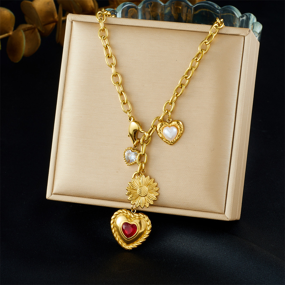 Cross-border fashion retro multi-element design gold-plated diamond-encrusted heart sunflower pendant chain tassel necklace