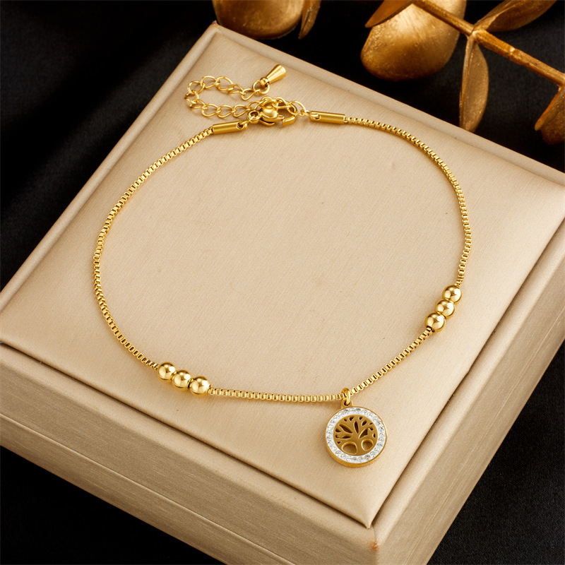 Niche New High-End Luxury Minimalist Gold Titanium Steel Tree of Life Pendant with Gold Bead Chain Anklet