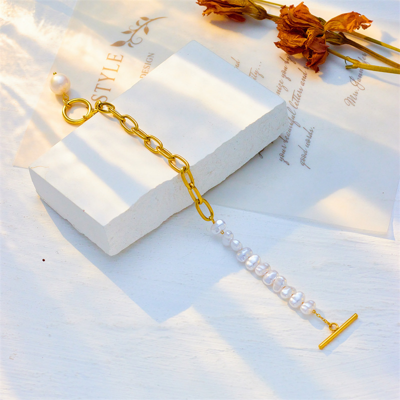 European and American cross-border punk fashion retro asymmetrical chain pearl beaded pendant OT buckle high-end jewelry bracelet