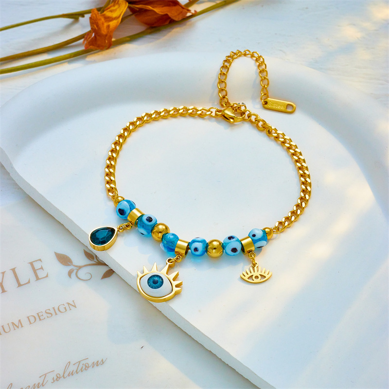 European and American cross-border fashion trend blue eye beaded pendant teardrop titanium steel chain jewelry versatile metal bracelet