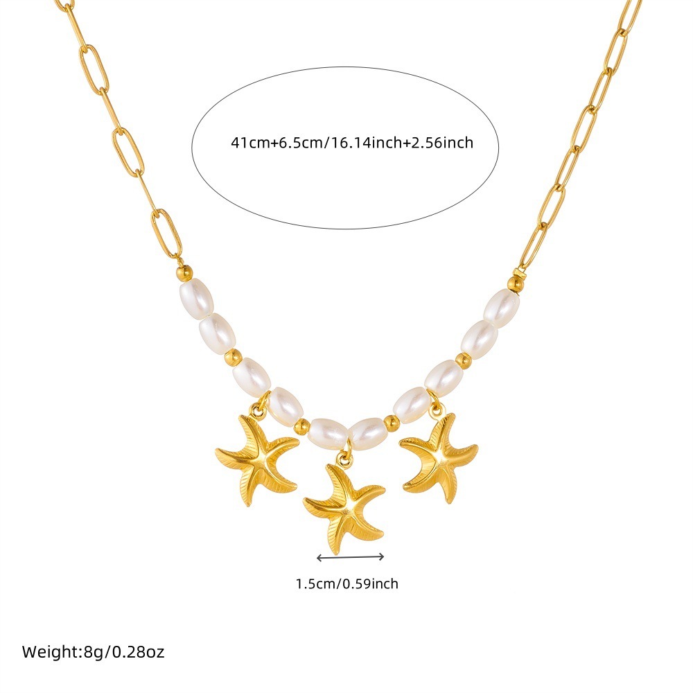 Cross-border fashion gold-plated starfish pendant chain, imitation pearl spaced beaded clavicle chain, simple and versatile necklace.