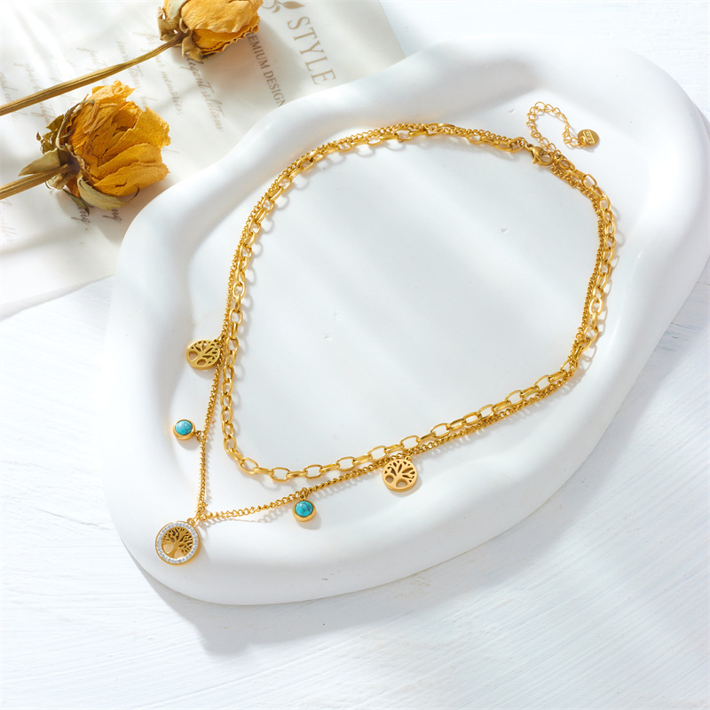 Fashionable, niche, retro, minimalist, and sophisticated round diamond-encrusted Tree of Life turquoise pendant double-layer chain necklace