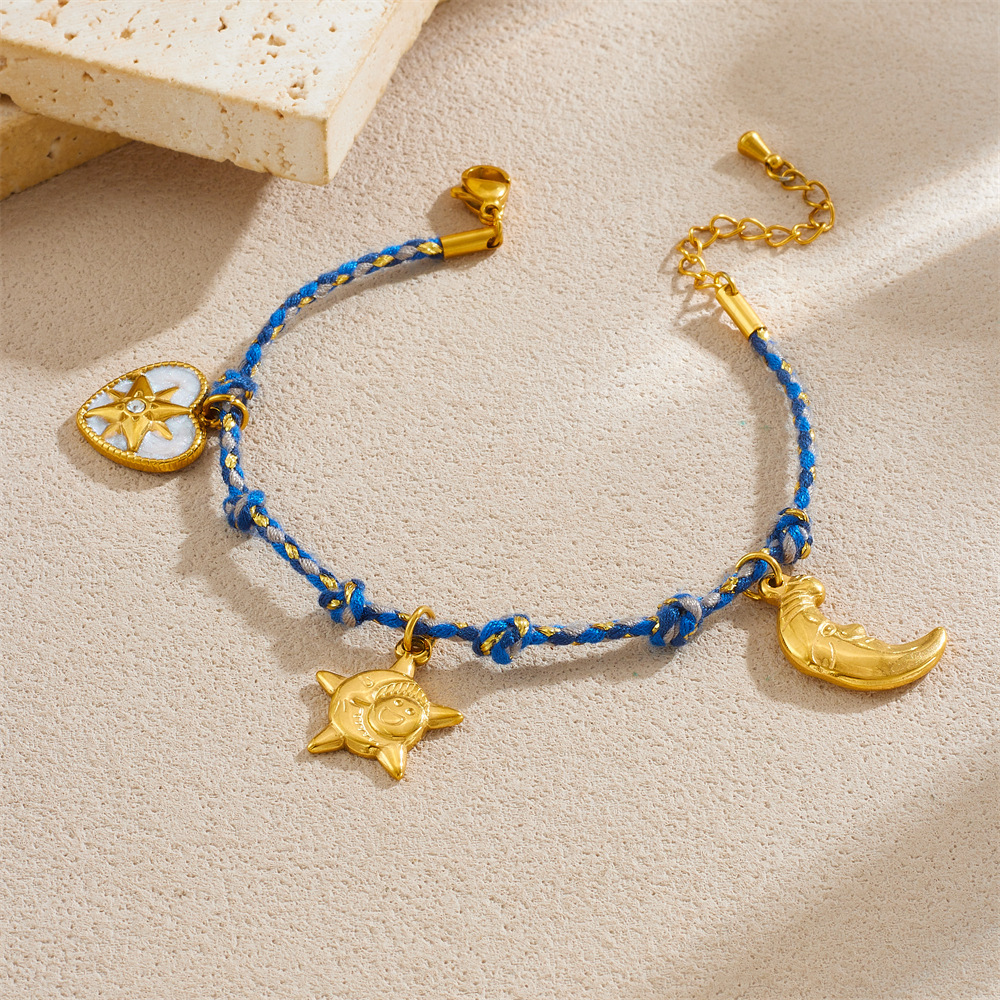 European and American style distressed retro multi-colored cotton rope braided bohemian eight-pointed star heart moon pendant bracelet for women