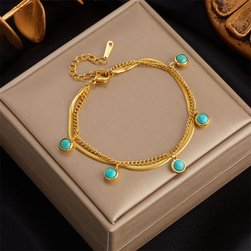 Niche retro minimalist high-end versatile double-layer metal titanium steel turquoise pendant bracelet chain