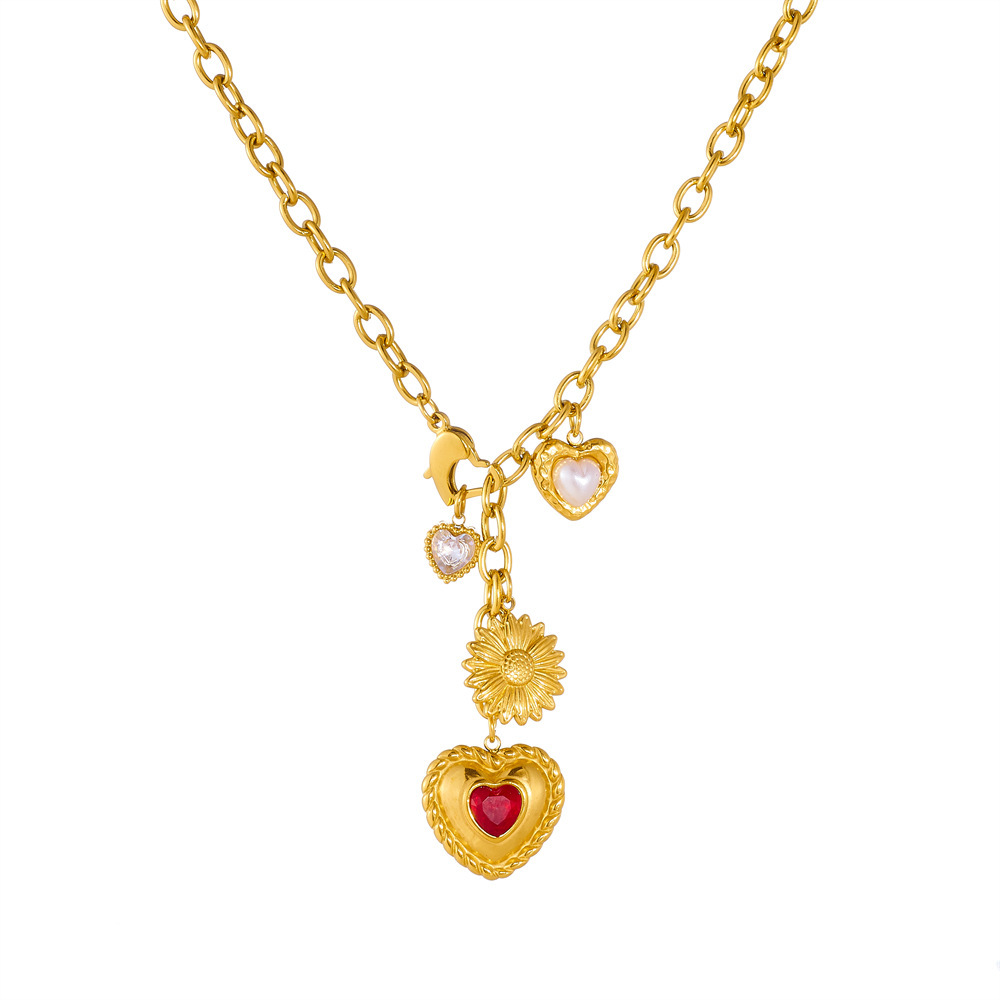 Cross-border fashion retro multi-element design gold-plated diamond-encrusted heart sunflower pendant chain tassel necklace