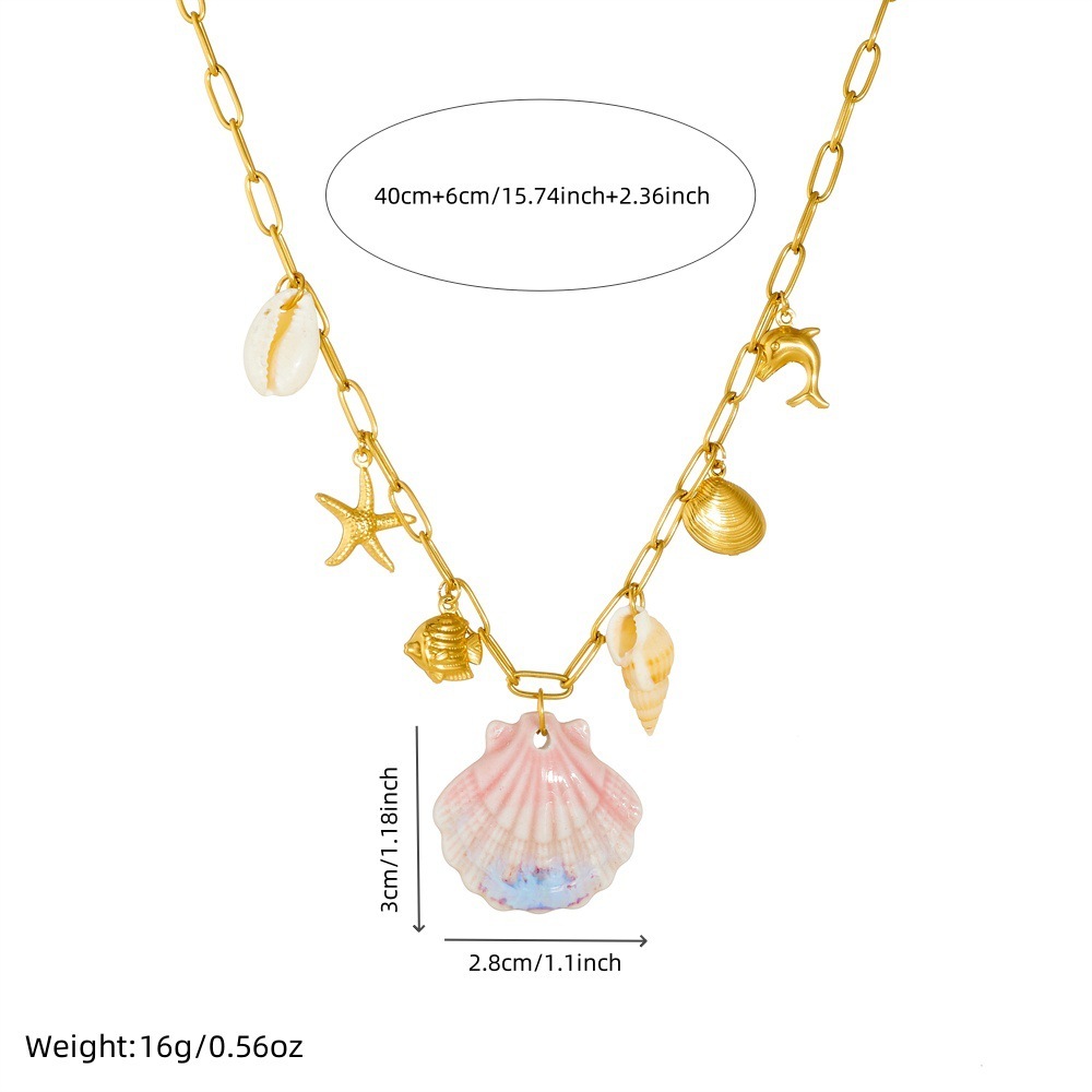 Cross-border best-selling ocean-themed vacation fan with seashell, conch, gold-plated starfish, and dolphin stainless steel pendant necklace