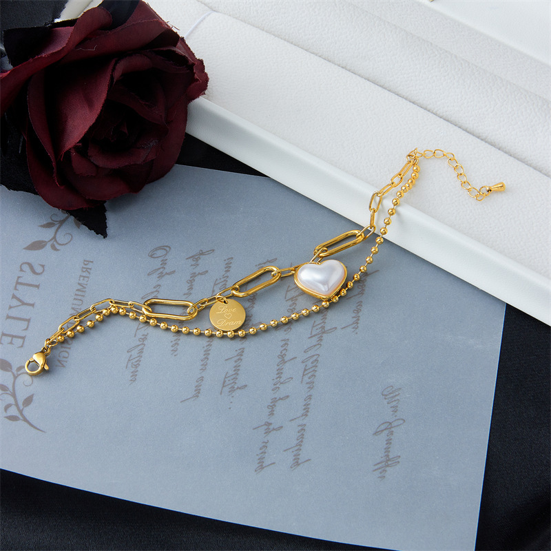 Fashionable retro niche minimalist design irregular double-layer chain heart pearl engraved round pendant bracelet