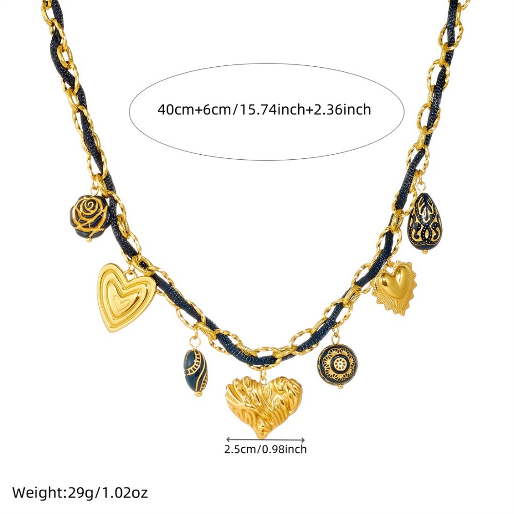 Vintage gold-plated black engraved geometric pendant, woven and wrapped stainless steel chain necklace