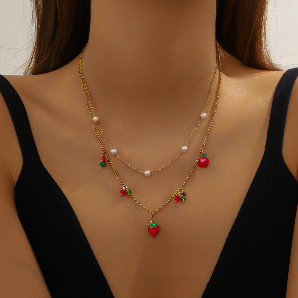 Cross-border fashion cartoon creative fruit series 3D design red drip strawberry cherry apple pendant necklace