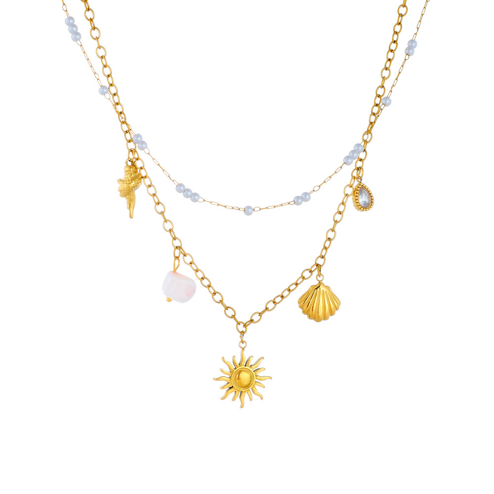 Ocean Series Stainless Steel Double-Layer Stacked Necklace with Xiaomi Pearl Star Seashell Pendant - Fashionable and Versatile Clavicle Chain