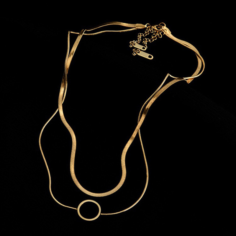 European and American cross-border fashion niche creative high-end double-layer snake chain hollow titanium steel circle pendant necklace