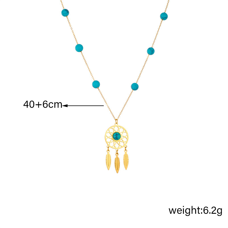 European and American style, retro ethnic style, turquoise beaded dreamcatcher pendant chain, titanium steel necklace