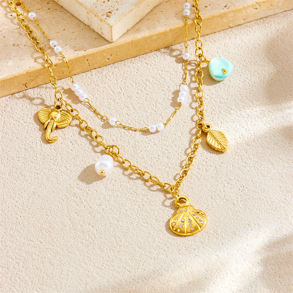 Ocean Series Stainless Steel Double-Layer Stacked Necklace with Xiaomi Pearl Star Seashell Pendant - Fashionable and Versatile Clavicle Chain