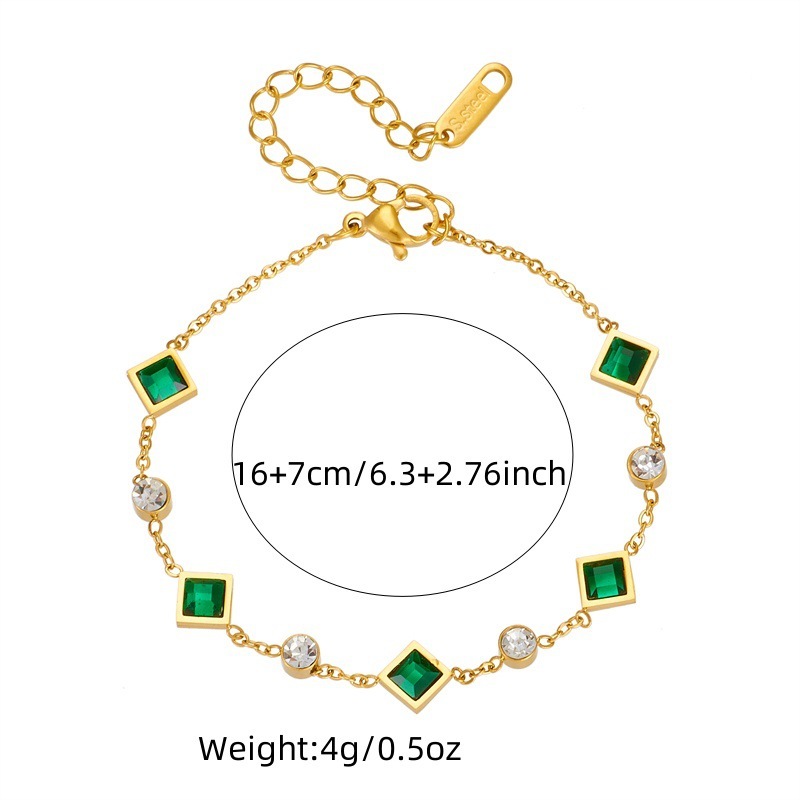 Stylish, versatile, minimalist, elegant square green diamond accessory chain stainless steel jewelry set necklace and bracelet
