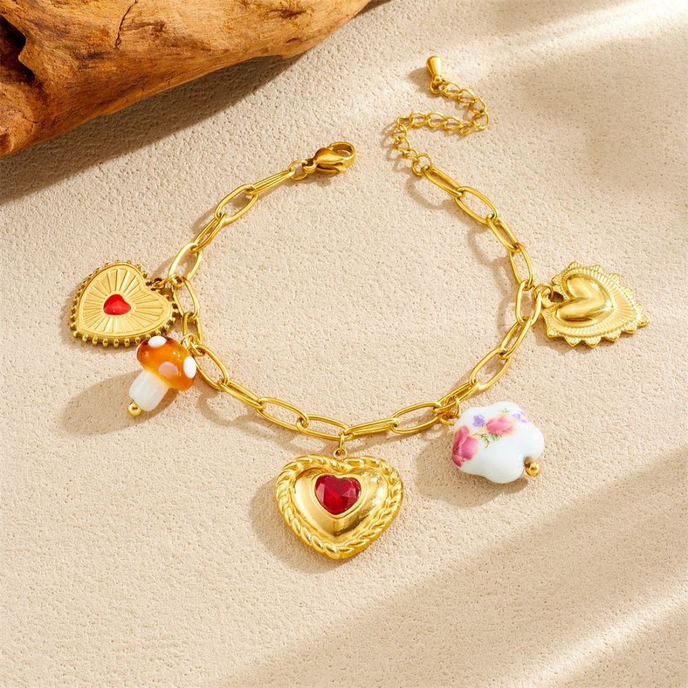 New cross-border style royal-style diamond-encrusted gold-plated 3D heart-shaped ceramic mushroom pendant chain stainless steel set
