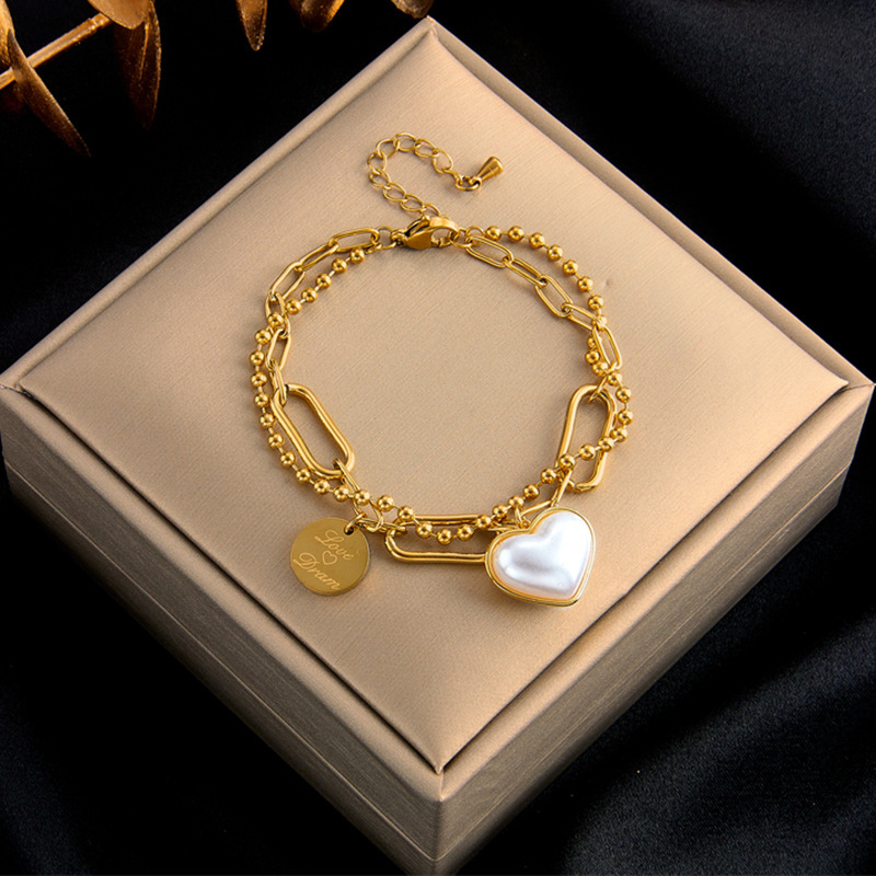 Fashionable retro niche minimalist design irregular double-layer chain heart pearl engraved round pendant bracelet