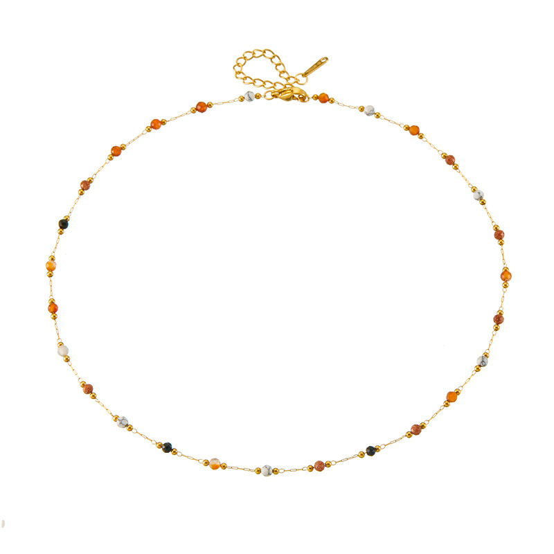 European and American style niche retro design colorful stone beaded chain stainless steel gold-plated necklace