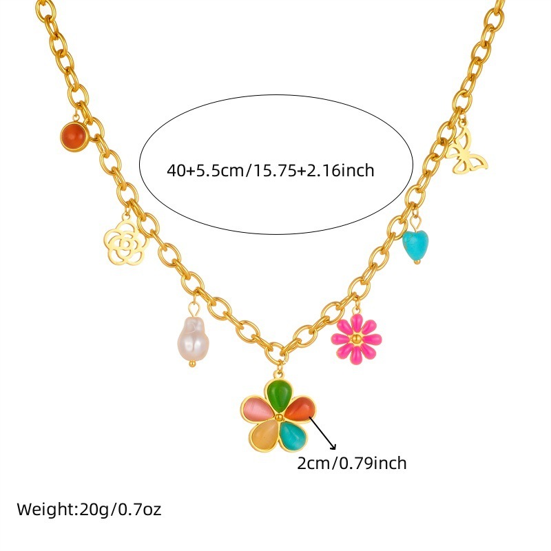 Cross-border fashion colorful resin petal daisy hollow butterfly pearl heart accessory chain stainless steel necklace