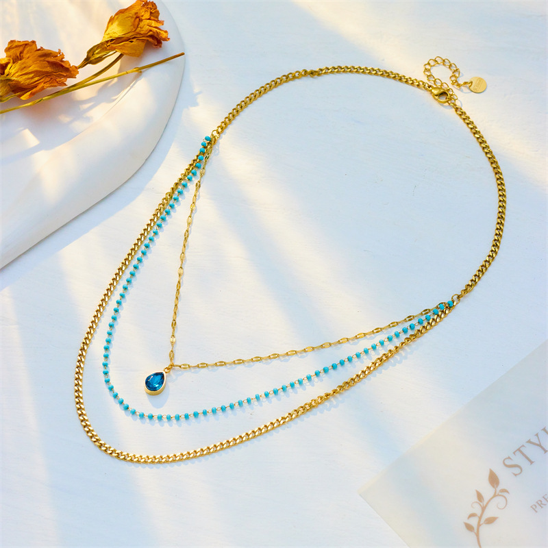 European and American style multi-layered chain teardrop pendant titanium steel high-end retro necklace