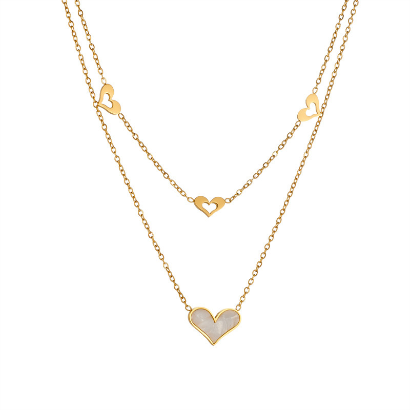 Korean style, fashionable, simple, shell and heart hollowed-out pendant, stainless steel chain, double-layered gold-plated necklace.