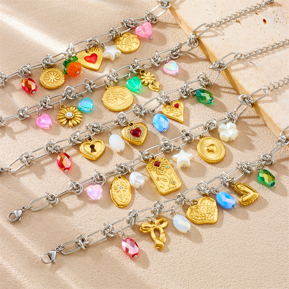 Cross-border trend, niche design, stainless steel dripping heart bow round pendant spliced bracelet