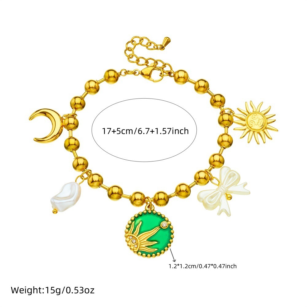 New European and American cross-border style gold-plated drip round pendant sun moon bow pearl chain stainless steel bracelet