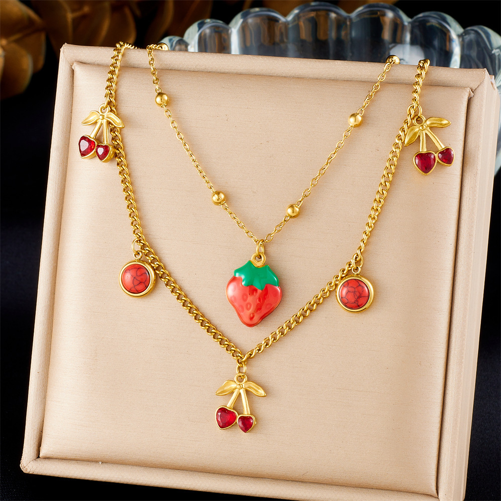 Cross-border fashion cartoon creative fruit series 3D design red drip strawberry cherry apple pendant necklace