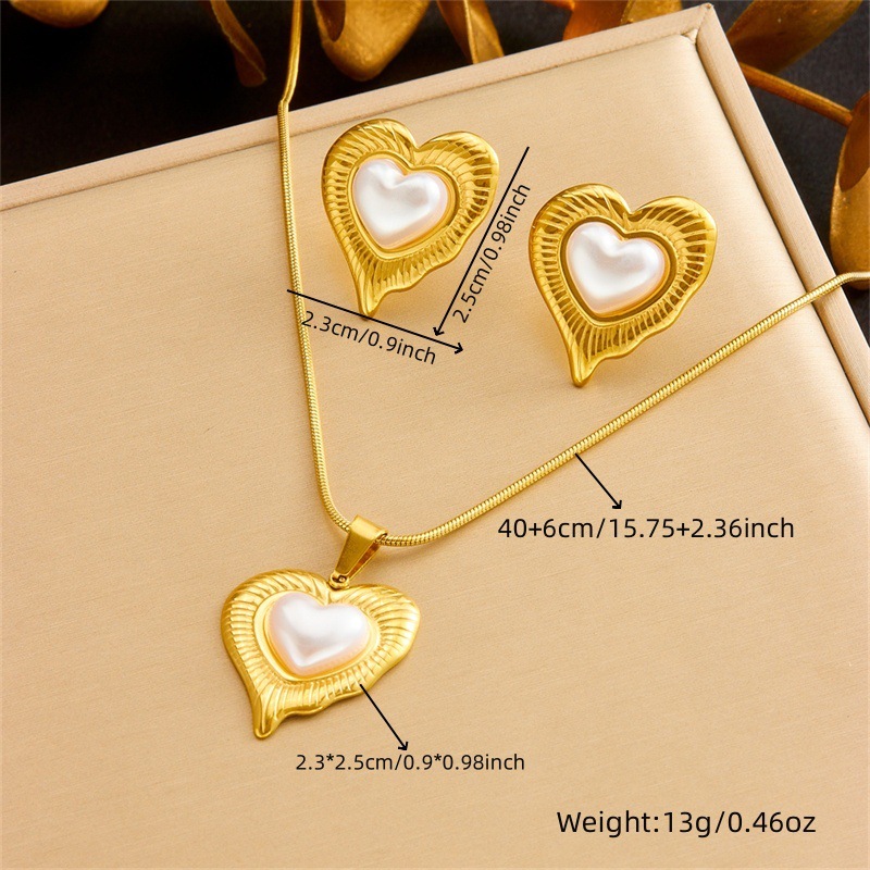European and American style light luxury heart-shaped large pearl stainless steel bracelet, fashionable retro cross-border chunky chain jewelry necklace earrings