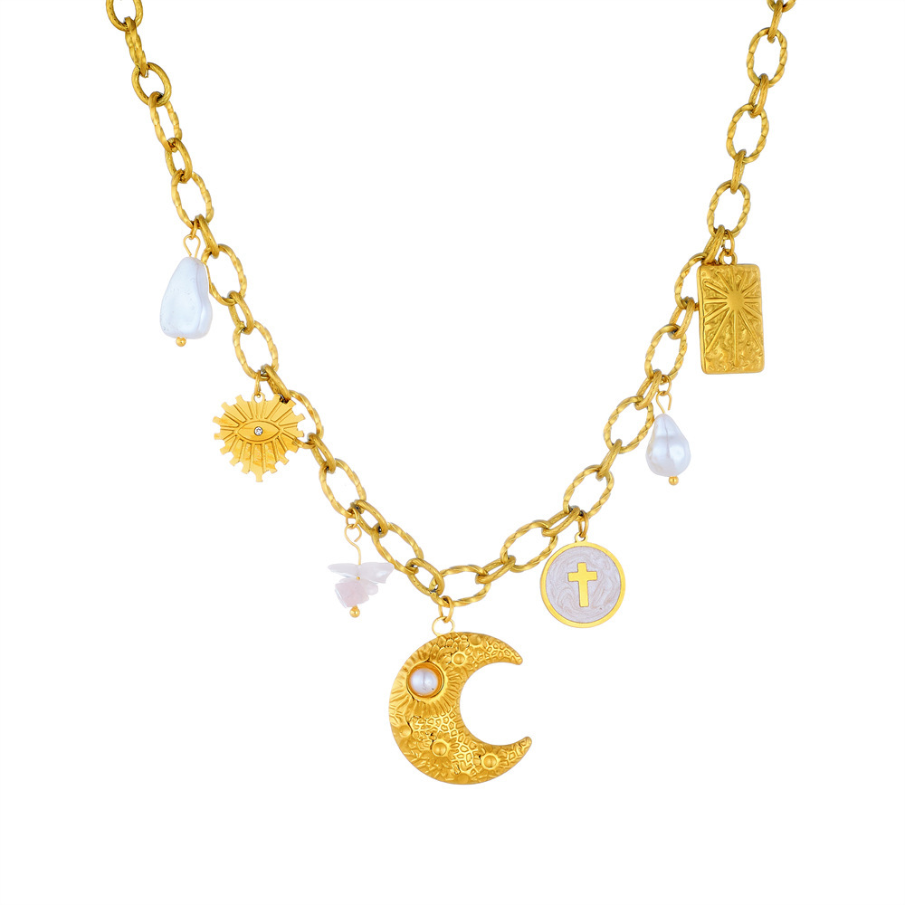 Cross-border fashion retro high-end multi-element pendant gold-plated stainless steel chain star moon heart eye necklace