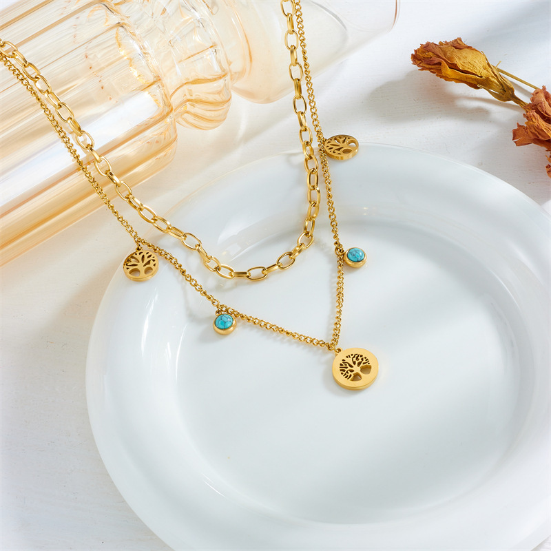 Fashionable, niche, retro, minimalist, and sophisticated round diamond-encrusted Tree of Life turquoise pendant double-layer chain necklace