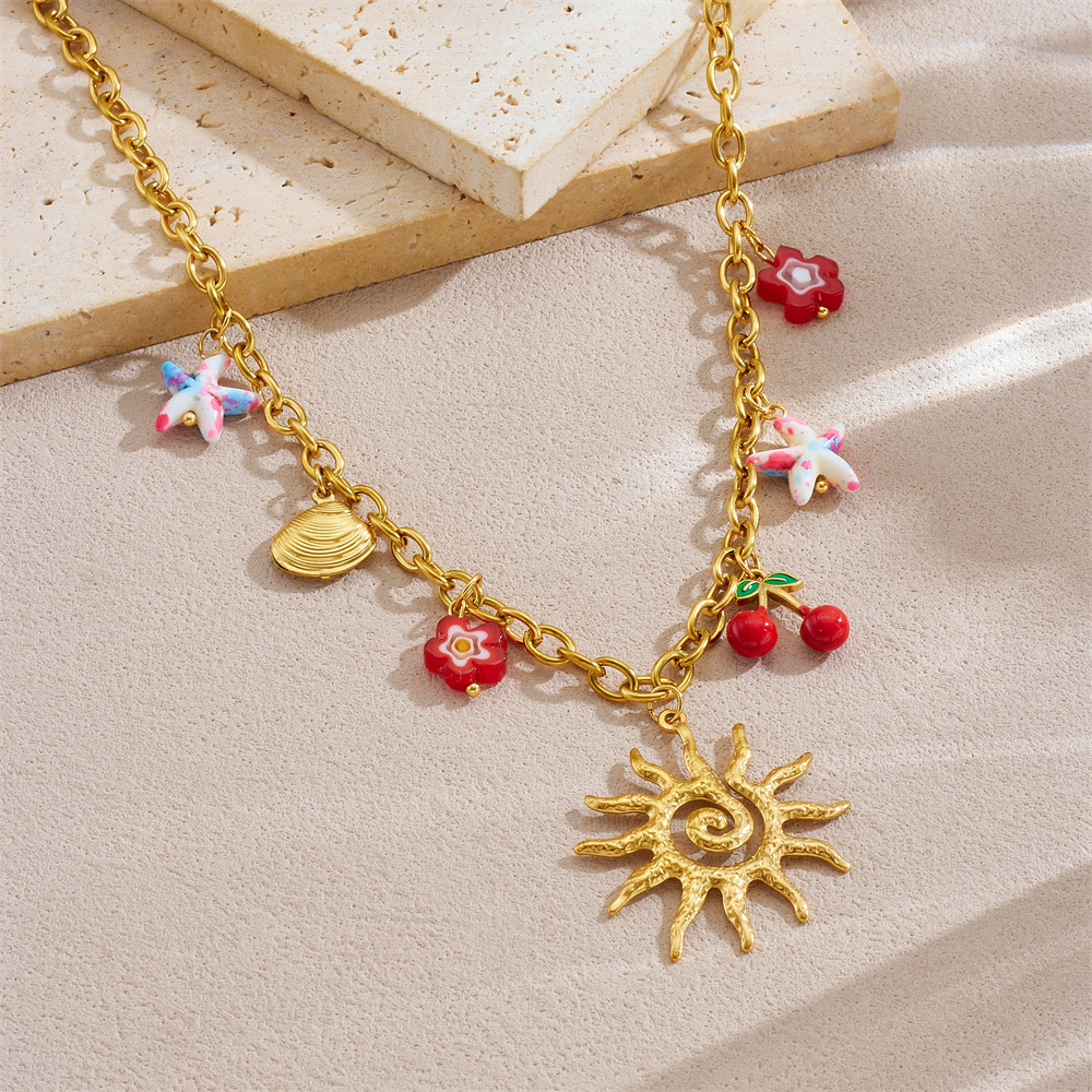 Cross-border fashion summer sunflower starfish cherry drip pendant gold-plated stainless steel O-chain clavicle necklace