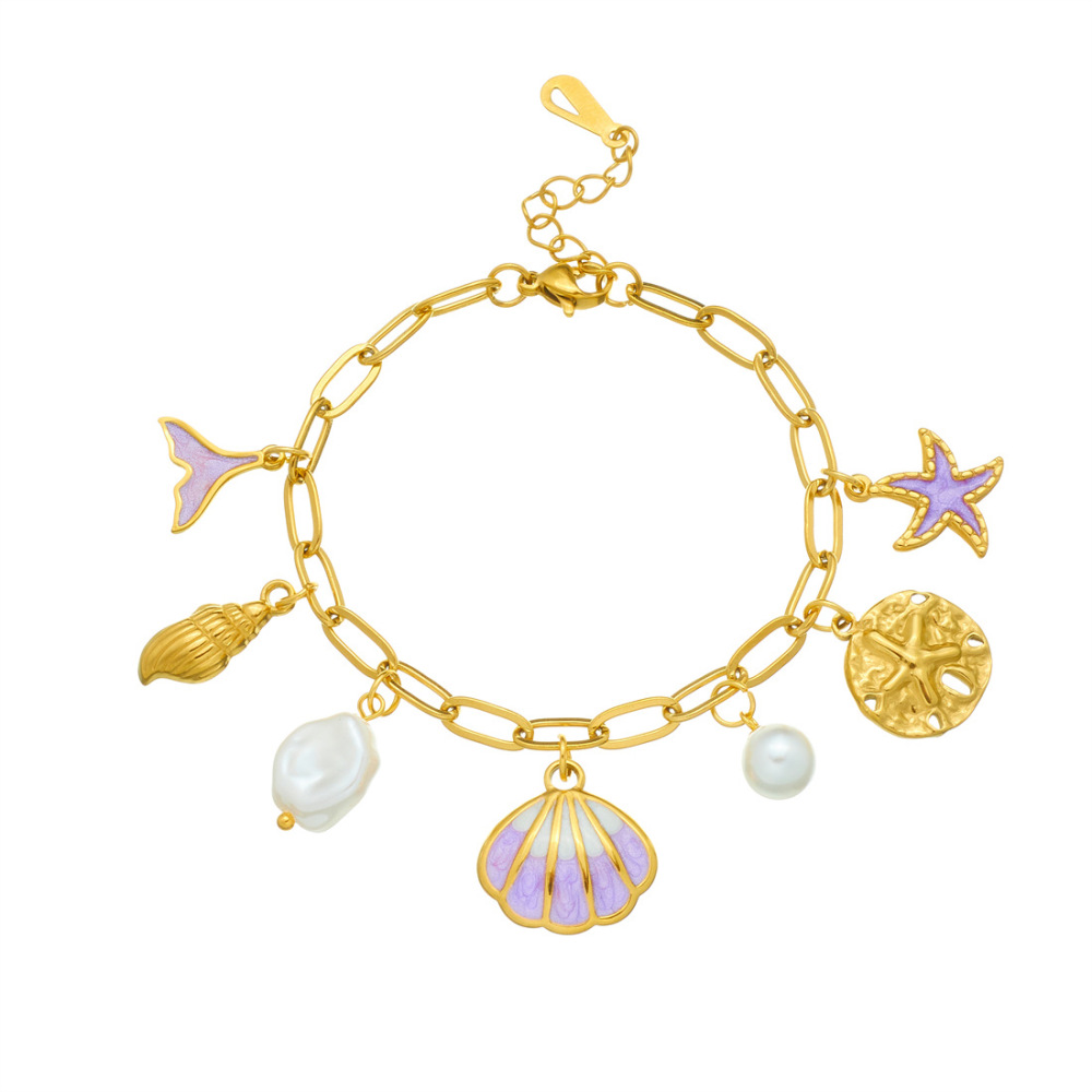 New European and American style creative ocean series stainless steel bracelet with cartoon dripping pearl, seashell, fishtail, starfish jewelry for women