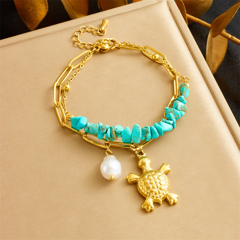 European and American cross-border 3D turtle pearl irregular turquoise double-layer chain jewelry bracelet