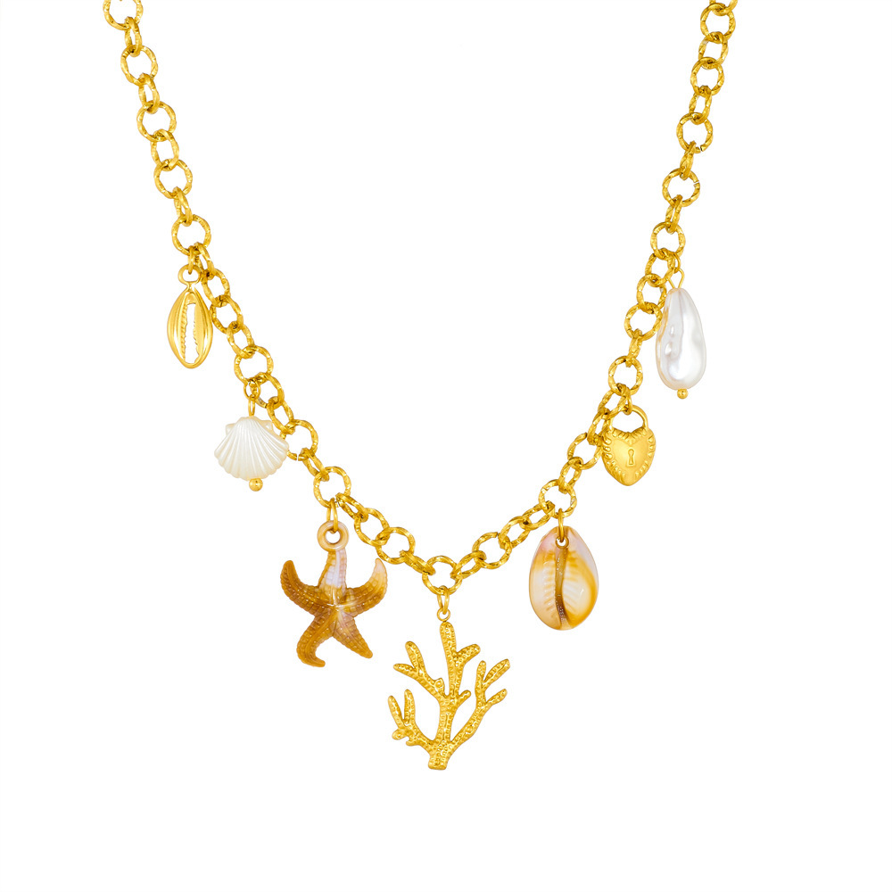 European and American retro ocean resort style starfish, seaweed and seashell accessories fashionable and high-end women's stainless steel necklace