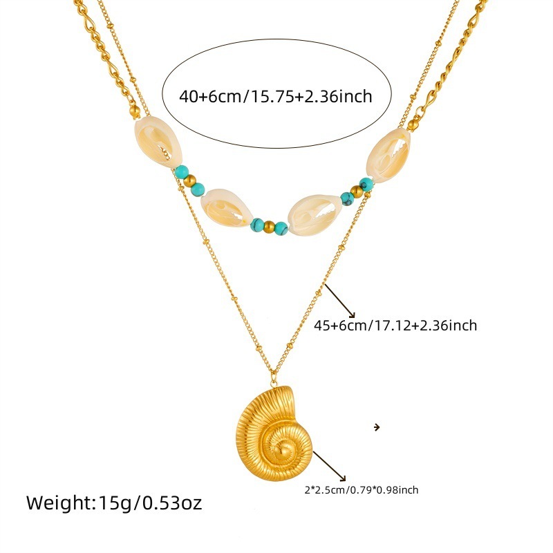 Cross-border retro trendy turquoise, conch, and seashell accessories, double-layer chain, stackable stainless steel necklace