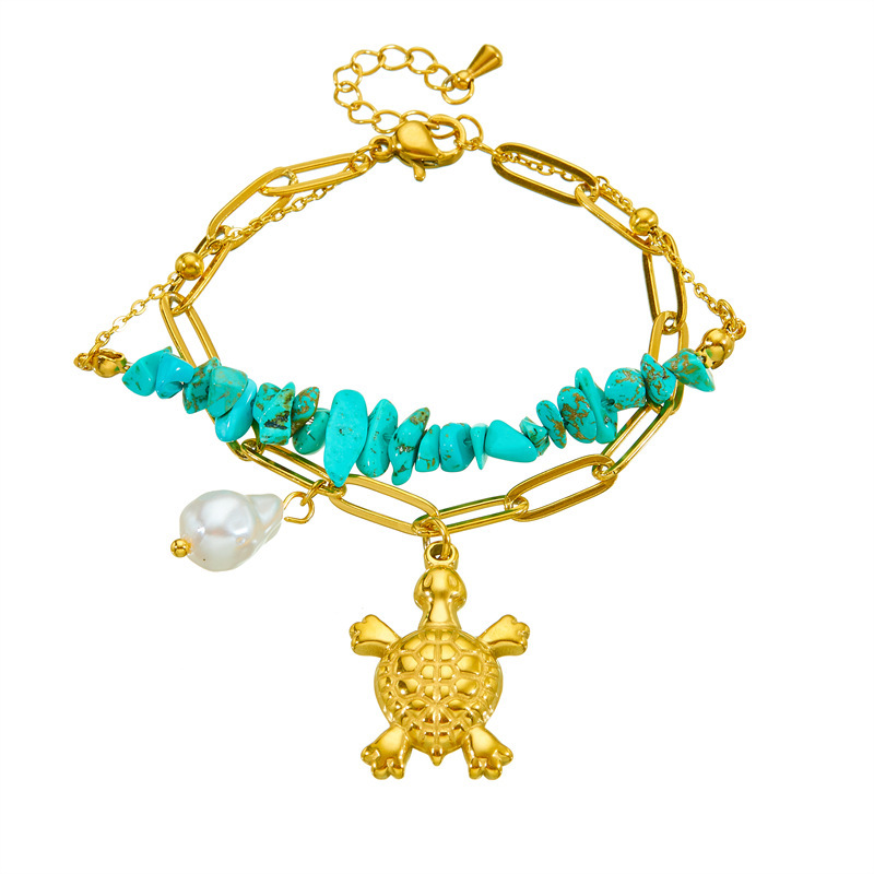 European and American cross-border 3D turtle pearl irregular turquoise double-layer chain jewelry bracelet