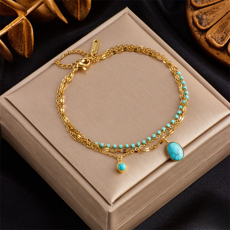 European and American cross-border retro bohemian style unique oval blue turquoise pendant titanium steel chain accessory bracelet