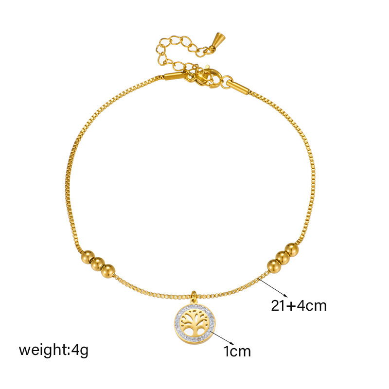 Niche New High-End Luxury Minimalist Gold Titanium Steel Tree of Life Pendant with Gold Bead Chain Anklet