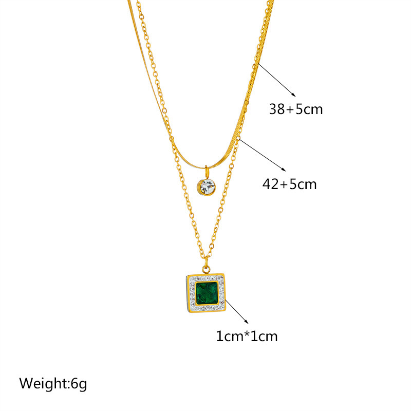 European and American cross-border fashion minimalist retro style high-end diamond square emerald pendant double chain necklace