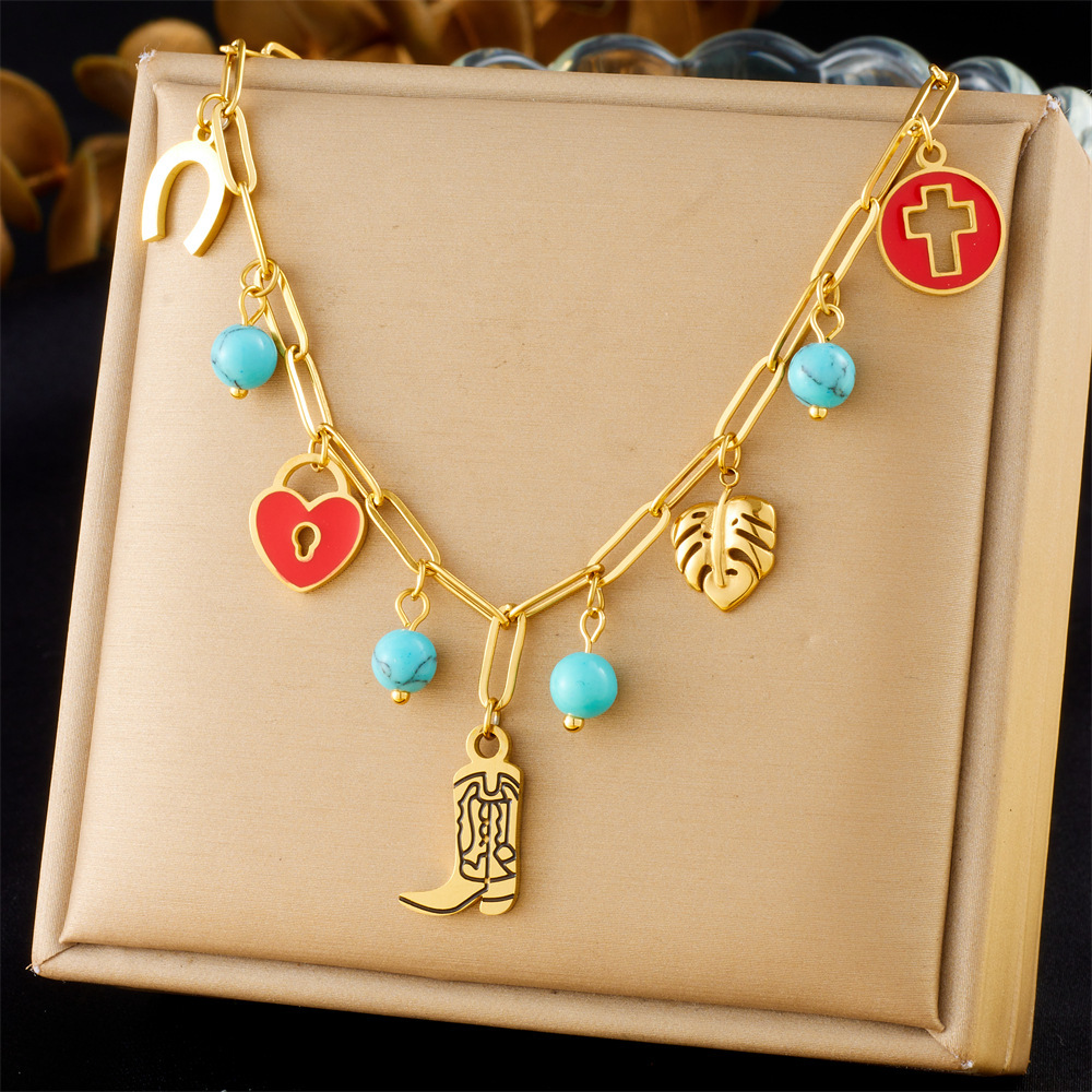 Cross-border fashion retro red dripping round hollow cross heart lock leaf boot pendant chain necklace