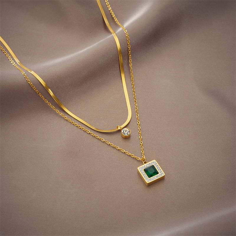European and American cross-border fashion minimalist retro style high-end diamond square emerald pendant double chain necklace