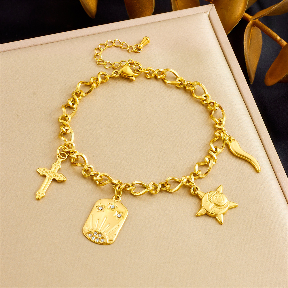 Cross-border European and American fashion starfish pendant niche design retro cross sun stainless steel bracelet for women