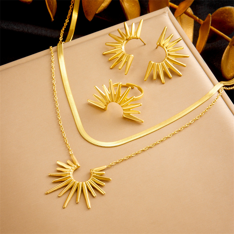 European and American retro cross-border stainless steel necklace and earring set, versatile sunflower statement jewelry set