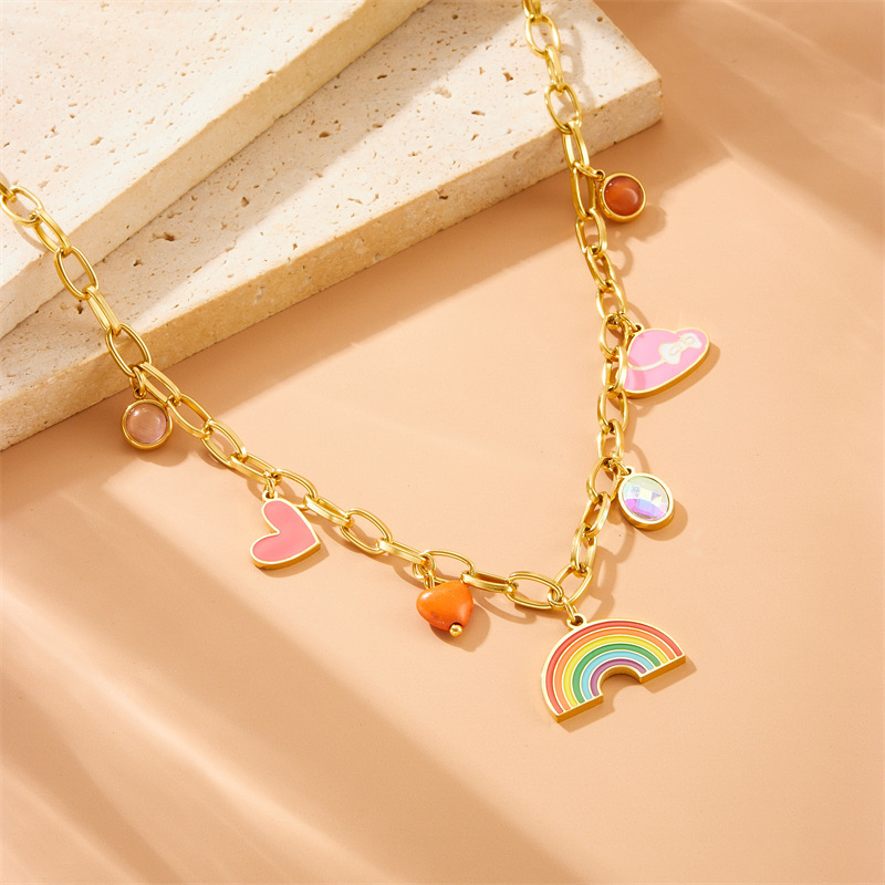 Fashionable cartoon sweet girl simple colorful drip heart rainbow hat pendant chain stainless steel sweatshirt necklace