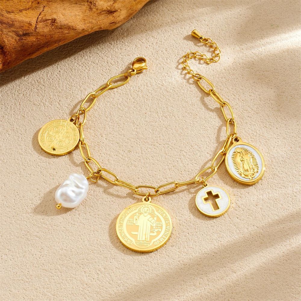 Cross-border European and American retro round pendant portrait pendant hollow cross pendant pearl coin gold-plated stainless steel set