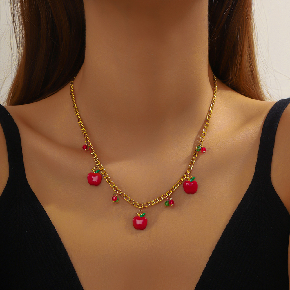 Cross-border fashion cartoon creative fruit series 3D design red drip strawberry cherry apple pendant necklace