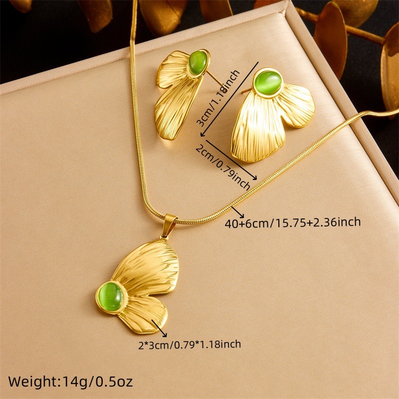 Cross-border retro oval green cat's eye stone half-butterfly necklace pendant round snake bone chain earring set